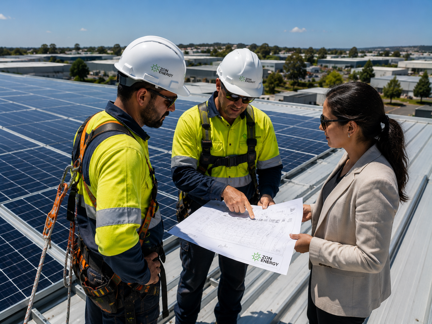 Commercial solar panels on a large business building